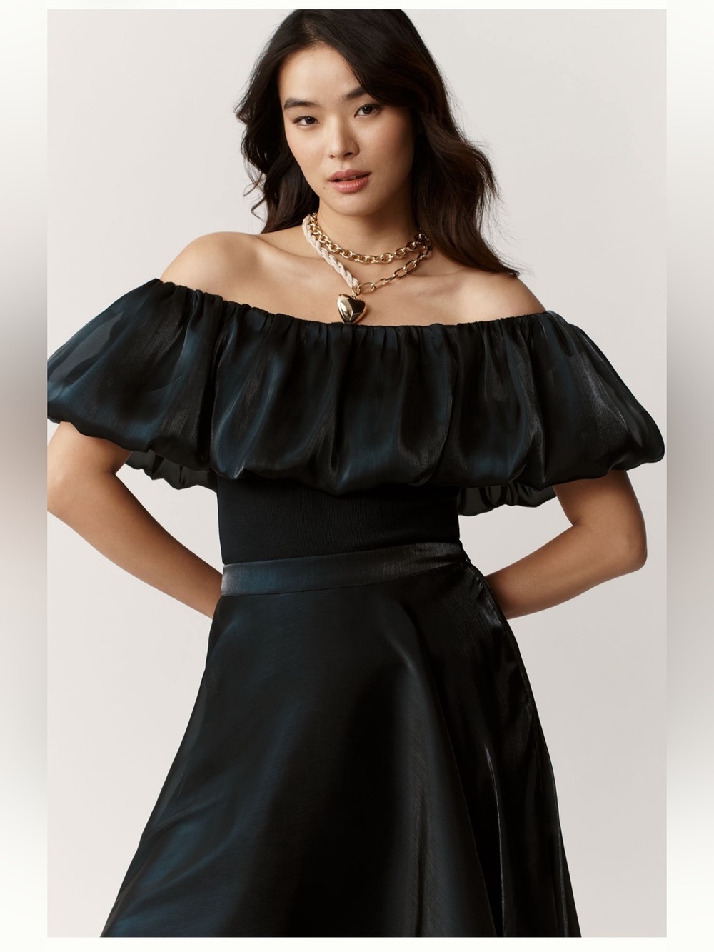 Off-the-Shoulder Black Puff-Sleeve Blouse